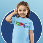 Peace Love Hanukkah Cute Girl's Blue T-Shirt<br><div class="desc">Peace Love Hanukkah kids t-shirt for a Jewish child who likes to celebrate Chanukah. A pretty peace sign,  heart,  and a beautiful menorah on a pretty girls tee.</div>