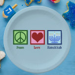 Peace Love Hanukkah Paper Plate<br><div class="desc">Peace Love Hanukkah gift for a Jewish person who likes to celebrate Chanukah. A pretty peace sign,  heart,  and a beautiful menorah.</div>