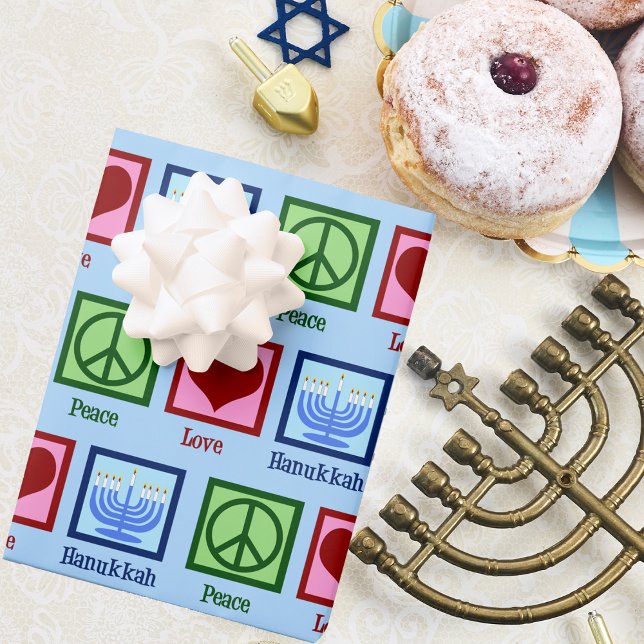 Peace Love Hanukkah Pattern Light Blue Chanukah Wrapping Paper Sheet (Creator Uploaded)