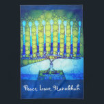 Peace Love Hanukkah Script Blue Green Menorah Tea Towel<br><div class="desc">“Peace, love, Hanukkah.” A close-up photo of a bright, colourful, blue and green artsy menorah helps you usher in the holiday of Hanukkah in style. Feel the warmth and joy of the holiday season whenever you use this bright, colourful Hanukkah kitchen towel. Matching cards, postage, stickers, pillows, housewares, totebags, and...</div>