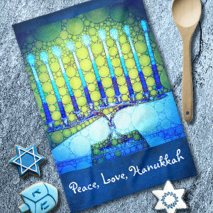 Peace Love Hanukkah Script Blue Green Menorah Tea Towel