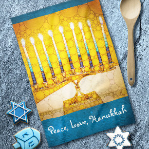 Peace Love Hanukkah Script Yellow Gold Menorah  Tea Towel