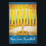 Peace Love Hanukkah Script Yellow Gold Menorah  Tea Towel<br><div class="desc">“Peace, love, Hanukkah.” A close-up photo of a bright, colorful, yellow and gold artsy menorah helps you usher in the holiday of Hanukkah in style. Feel the warmth and joy of the holiday season whenever you use this bright, colorful Hanukkah kitchen towel. Matching cards, postage, stickers, pillows, housewares, totebags, and...</div>