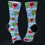 Peace Love Hanukkah Socks<br><div class="desc">Cute Peace Love Hanukkah socks for a Chanukah party. A pretty peace sign,  heart,  and a beautiful menorah on Jewish holiday socks. A great gift.</div>