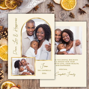 Peace Love Hapiness Script Gold Arch 3 Photo Holiday Card