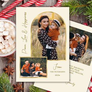 Peace Love Hapiness Script Gold Arch 3 Photo Holiday Card
