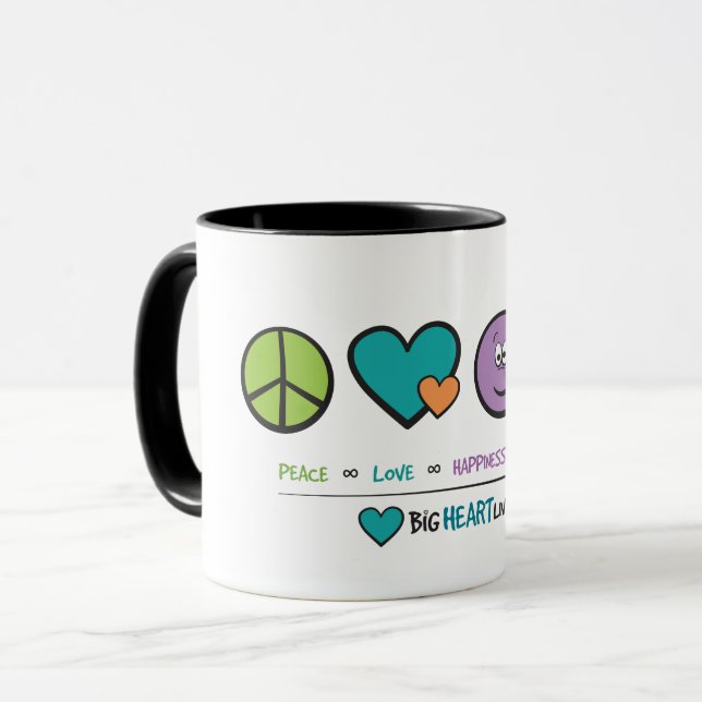 Peace, Love, Happiness, and Kindness Mug (Front Left)