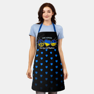 Peace Love Happiness Blue Heart on BLACK with Name Apron