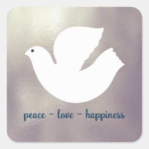 Peace,Love,Happiness Elegant Silver Dove Holiday Square Sticker