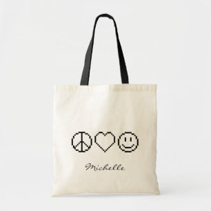 Peace love happiness pixel art tote bag