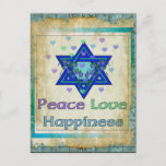 Peace Love Happiness Postcard<br><div class="desc">Hearts,  Star of David,  and the words "Peace Love Happiness" are a lovely way to say Happy Hanukkah.</div>