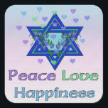 Peace Love Happiness Square Sticker<br><div class="desc">Hearts,  Star of David,  and the words "Peace Love Happiness" are a lovely way to say Happy Hanukkah.</div>