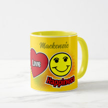 Peace Love Happiness Symbols with Name on YELLOW