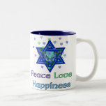 Peace Love Happiness Two-Tone Coffee Mug<br><div class="desc">Hearts,  Star of David,  and the words "Peace Love Happiness" are a lovely way to say Happy Hanukkah.</div>