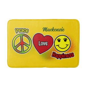 Peace Love Happiness Yellow Bath Mat