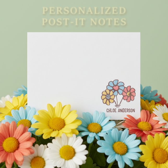 Peace Love Harmony 60s Retro Daisies with Name Post-it Notes (🌼Retro daisies post it notes with custom name. 🌼)