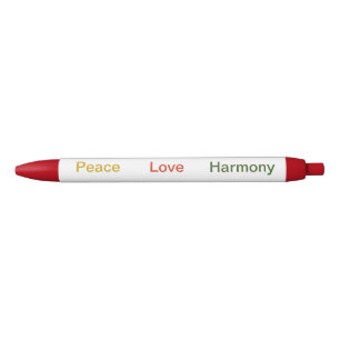 Peace Love Harmony gold red green Black Ink Pen