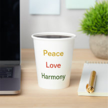 Peace Love Harmony red green gold Paper cup
