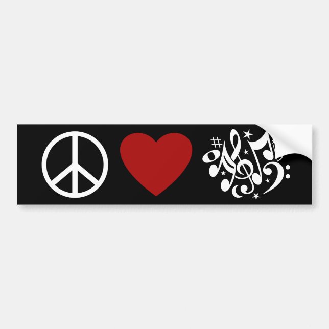 Peace Love Harmony Red Heart White Musical Notes Bumper Sticker (Front)