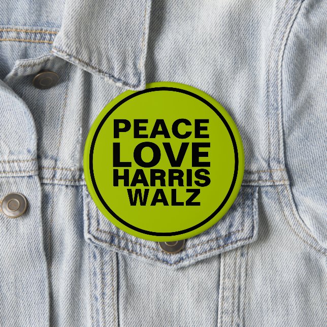 PEACE LOVE HARRIS WALZ Neon Green 10 Cm Round Badge (In Situ)