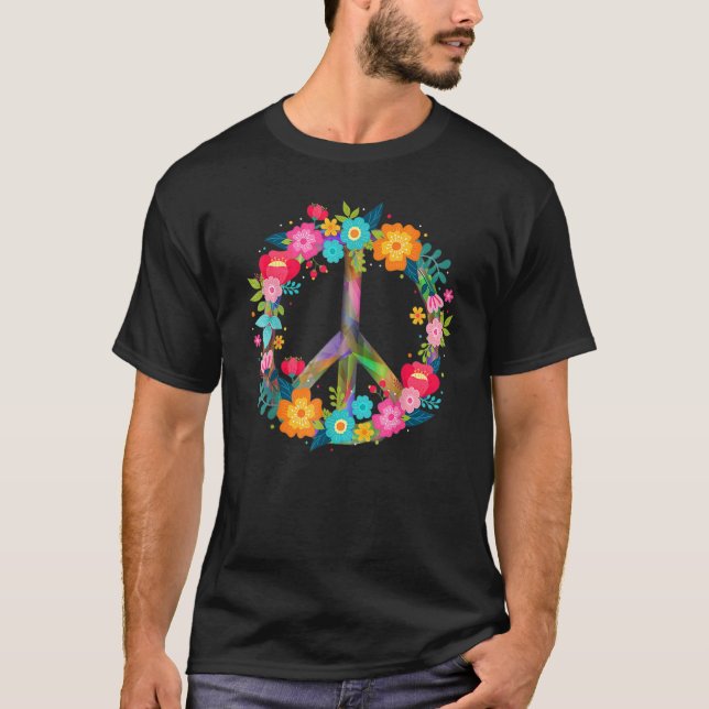 Peace Love Hippie Costume Tie Dye 60s 70s Flowers  T-Shirt (Front)