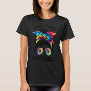 Peace Love Hippiness Messy Bun Tye Dye Peace Sign T-Shirt