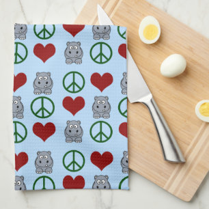 Peace Love Hippos Cute Hippo Pattern Tea Towel