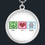 Peace Love Hippos Silver Plated Necklace<br><div class="desc">A peace sign,  heart,  and a cute hippopotamus. I love a pretty hippo gift.</div>