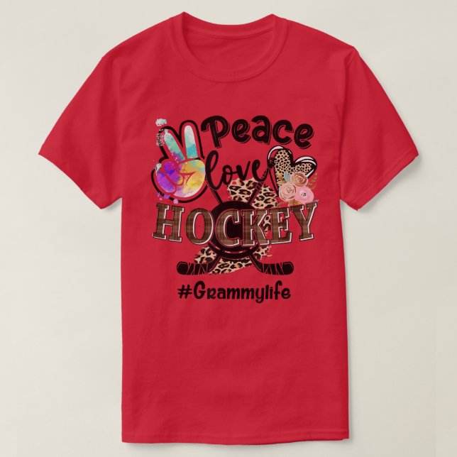 Peace Love Hockey Grammy Life Mom Grandma Leopard  T-Shirt (Design Front)