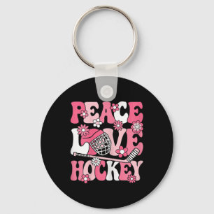 Peace Love Hockey Groovy Ice Hockey Lover Women Gi Key Ring