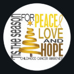 Peace Love Hope Christmas Holiday Childhood Cancer Classic Round Sticker<br><div class="desc">Tis the Season for Peace, Love, Hope, and Childhood Cancer Awareness. What better time to share the important message of childhood cancer awareness than during the beautiful holiday season of peace, love, and hope. Our whimsical ribbon Christmas tree, eye-catching layout, and gold childhood cancer awareness ribbon all come together to...</div>