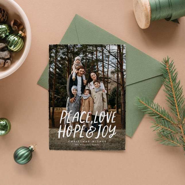 Peace love hope joy green Christmas photo Holiday Card (Creator Uploaded)