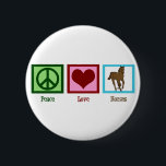 Peace Love Horses 6 Cm Round Badge<br><div class="desc">I love beautiful horses. A pretty green peace sign,  a red heart,  and a brown horse on a blue square makes a cute equestrian button gift. A cute Christmas stocking stuffer for animal lovers.</div>