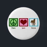 Peace Love Horses 6 Cm Round Badge<br><div class="desc">I love beautiful horses. A pretty green peace sign,  a red heart,  and a brown horse on a blue square makes a cute equestrian button gift. A cute Christmas stocking stuffer for animal lovers.</div>
