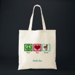 Peace Love Horses Cute Custom Horseback Riding Tote Bag<br><div class="desc">I love beautiful horses. A pretty green peace sign, a red heart, and a brown horse on a blue square makes a cute equestrian tote bag gift.</div>