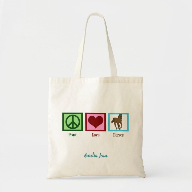 Peace Love Horses Cute Custom Horseback Riding Tote Bag (Front)