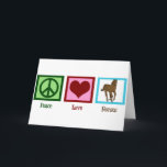 Peace Love Horses Holiday Card<br><div class="desc">I love beautiful horses. A pretty green peace sign,  a red heart,  and a brown horse on a blue square makes a cute equestrian Christmas card.</div>