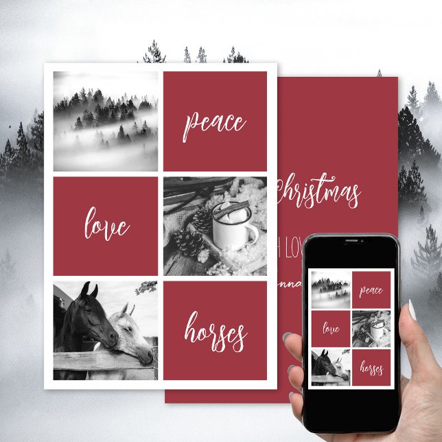 Peace love horses Horse lover Christmas Holiday Card (Peace, love, horses, personalized horse photo Christmas card, modern, elegant. Download or print.)