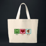 Peace Love Horses Large Tote Bag<br><div class="desc">I love beautiful horses. A pretty green peace sign, a red heart, and a brown horse on a blue square makes a cute equestrian tote bag gift.</div>