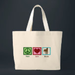 Peace Love Horses Large Tote Bag<br><div class="desc">I love beautiful horses. A pretty green peace sign,  a red heart,  and a brown horse on a blue square makes a cute equestrian tote bag gift.</div>