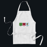 Peace Love Horses Standard Apron<br><div class="desc">I love beautiful horses. A pretty green peace sign,  a red heart,  and a brown horse on a blue square makes a cute equestrian apron gift.</div>