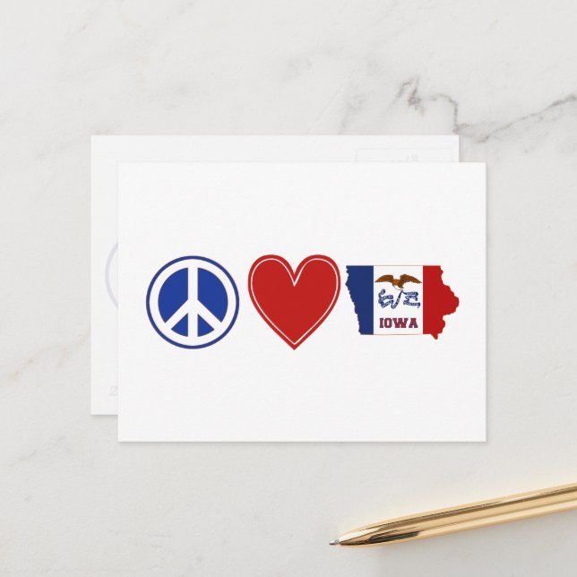 Peace Love Iowa Map Shaped State Flag Red Heart Postcard (Front/Back In Situ)
