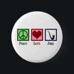Peace Love Jazz Music Saxophone 6 Cm Round Badge<br><div class="desc">Peace Love Jazz music. A cute jazz musician gift featuring a peace sign,  heart,  and cool saxophone.</div>