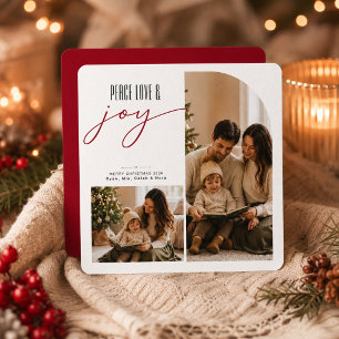 Peace Love Joy 2 Photo Collage Modern Christmas  Holiday Card