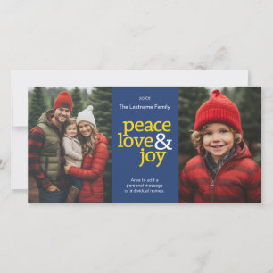 Peace Love Joy - 2 photo - navy yellow Holiday Card