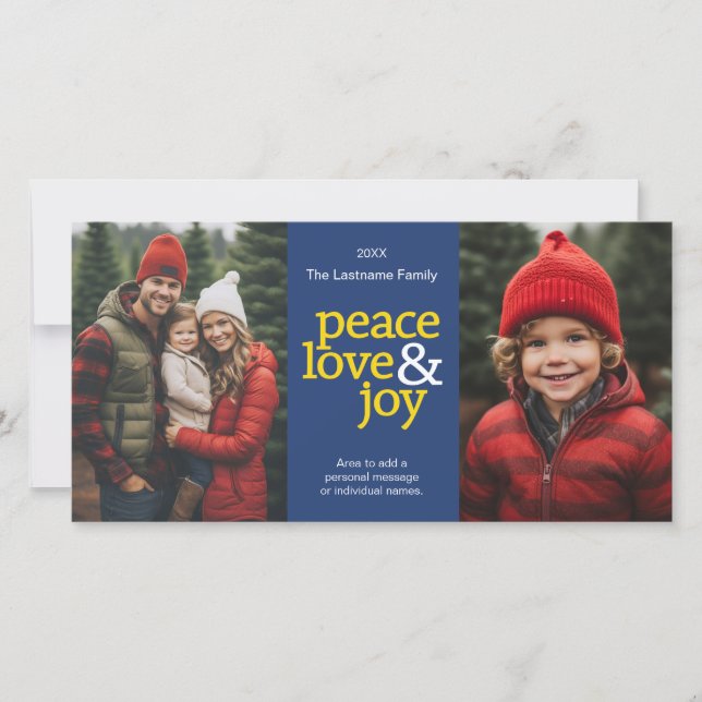 Peace Love Joy - 2 photo - navy yellow Holiday Card (Front)