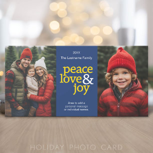 Peace Love Joy - 2 photo - navy yellow Holiday Card