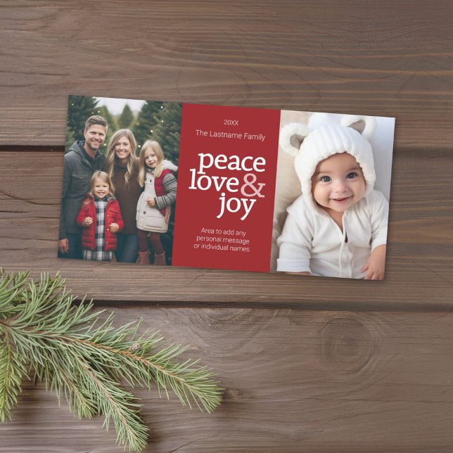 Peace Love Joy - 2 Photo - red dots Holiday Card (Add 2 photos to this Christmas Card with a modern design. Download option available.)