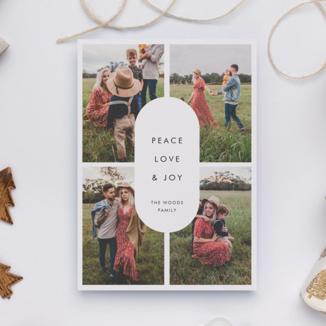 Peace Love Joy 4 Photo Modern Minimalist Christmas Holiday Card (Creator Uploaded)