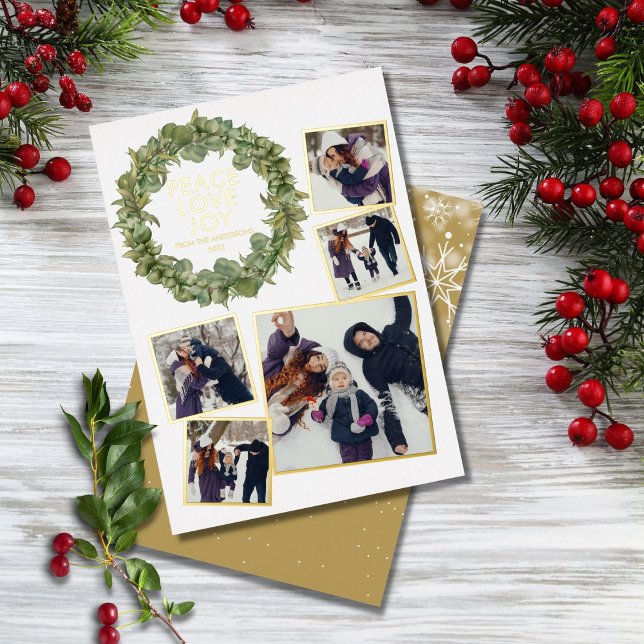 Peace Love Joy 5 Photo Greenery Christmas Gold Foil Holiday Card (Creator Uploaded)